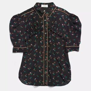 COACH Designer 100% Silk Black Ruffle Floral Womens Blouse‎ Size 6 EUC